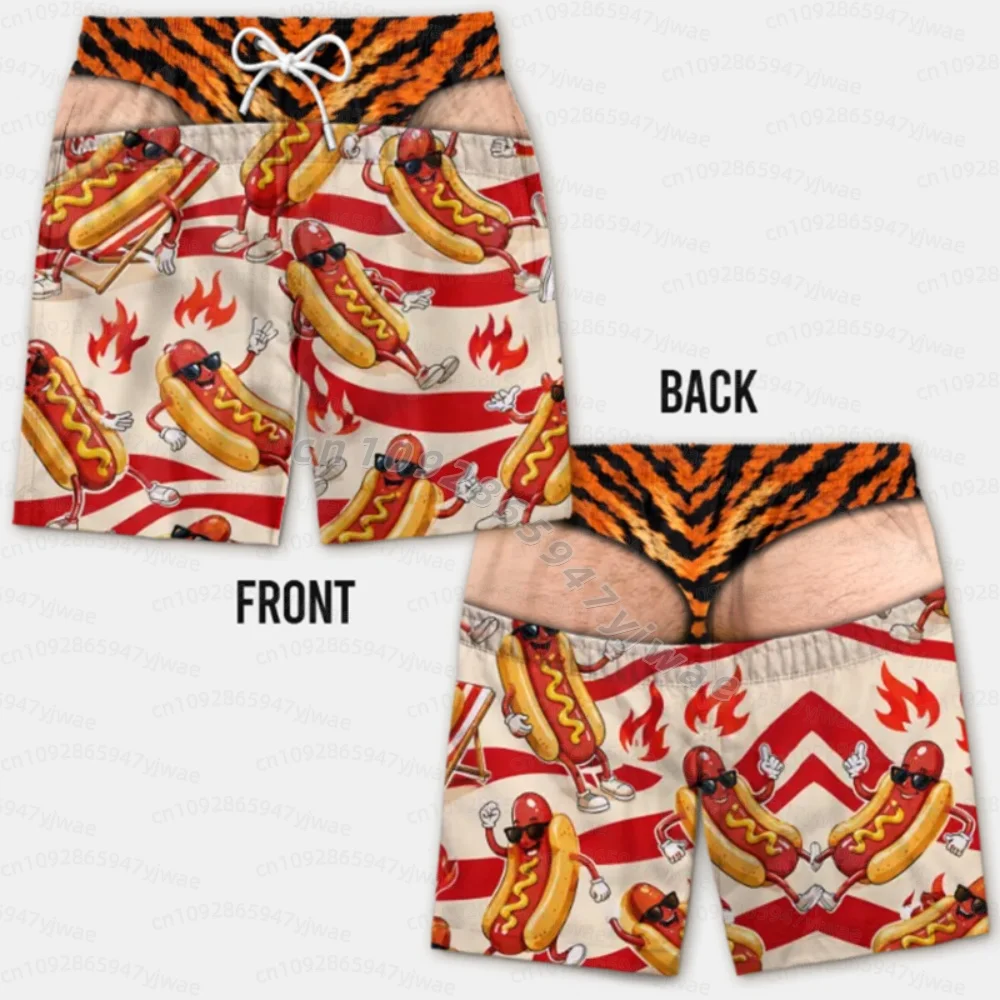 Summer Men Funny Cartoon Hot Dog 3D Print Board Shorts Quick‑Dry Drawstring Trunks Fun Yellow Duck Novelty  Beach Men Shorts S view 4