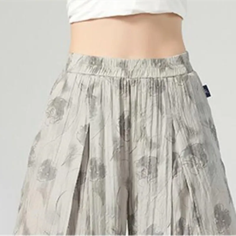 Chinese Traditional Dance Pants Wide Leg Loose Culottes Stretch High Waist Print Dancer Practice Skirt Women Hanfu Stage Clothes