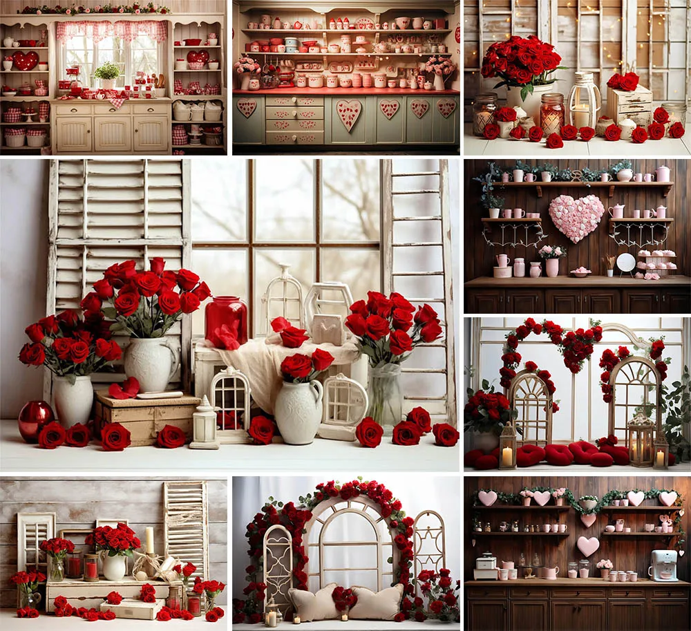 Mehofond Red Romantic Rose Photography Backdrop Valentine's Day Portrait Window Wooden Kitchen Wall Caravan Decor Background
