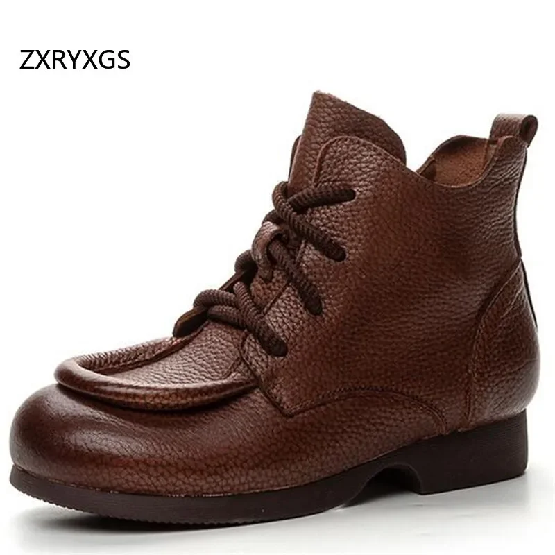 ZXRYXGS Superior 100% Genuine Lather Boots 2024 Handsome Retro Shoes Flat Comfortable Soft Sole Single Boots Women Ankle Boots