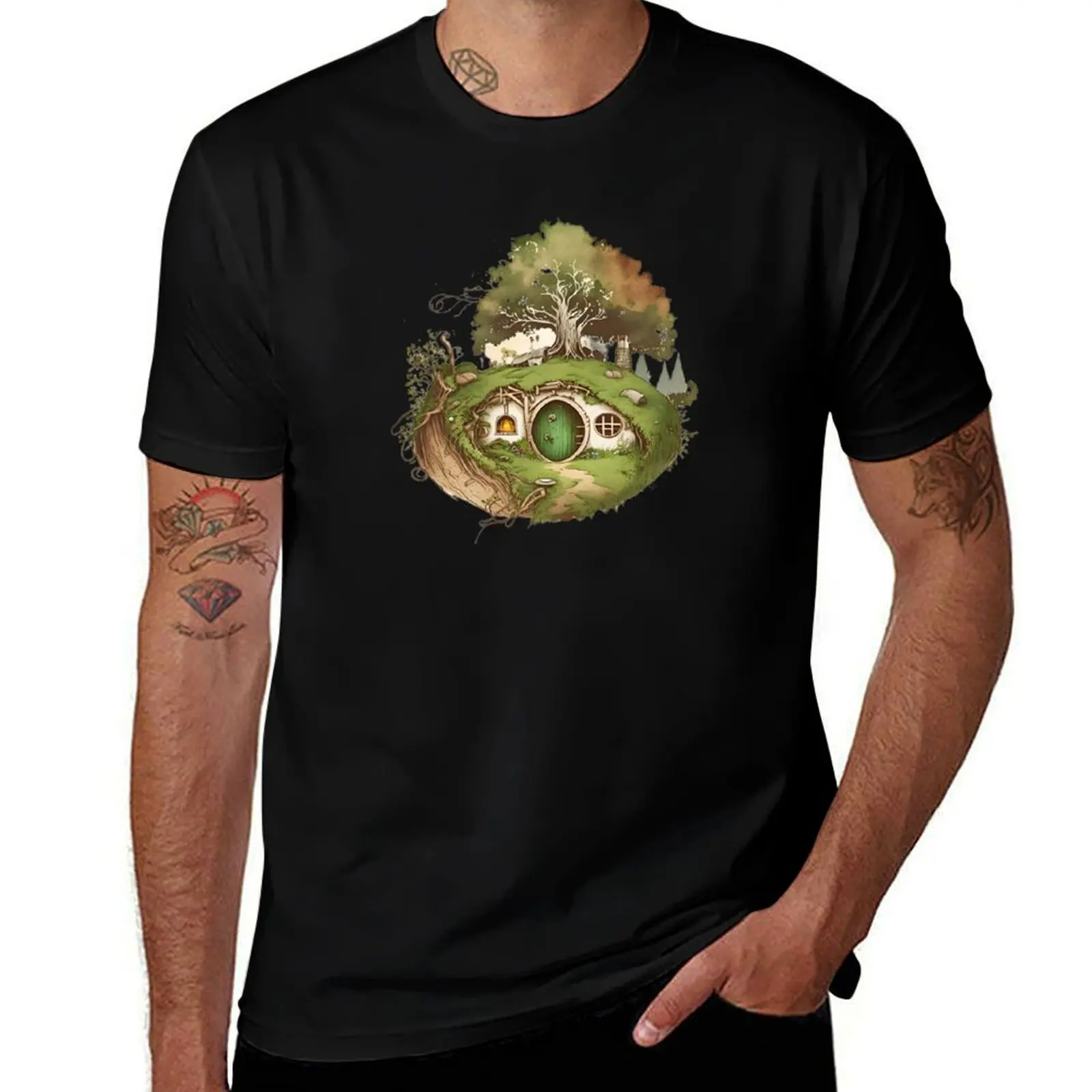 Halfling Home - Round Doors - Black - Watercolor Art Fantasy T-Shirt Comfort Stretch Tee Shirt T-Shirt