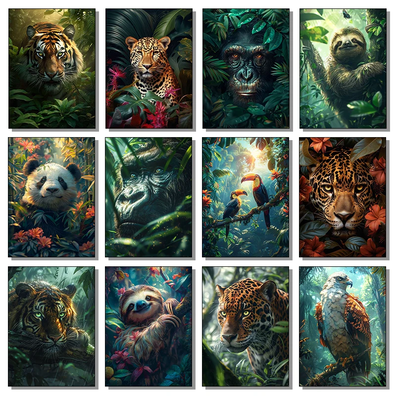 (2D Canvas Painting) Leopard Frog Bird Sloth Poster Wall Art Picture Abstract Wild Animal Diamond Painting And Print for Mode