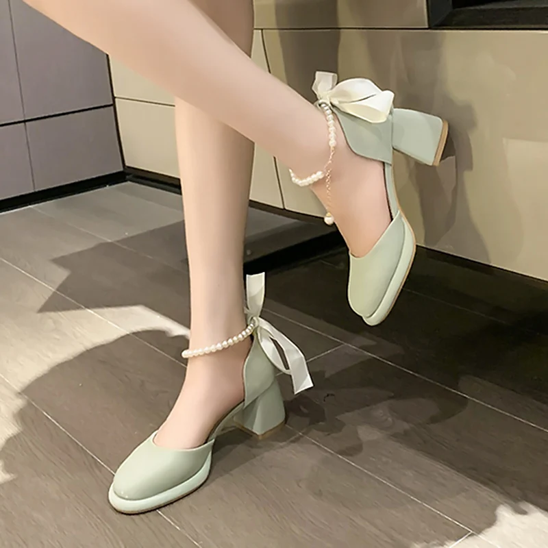 Pearl Ankle Buckle Thick Heel Pumps Women Back Bowtie Lace Up Mary Jane Shoes Woman 2023, Autumn Platform High Heels Dress Shoes