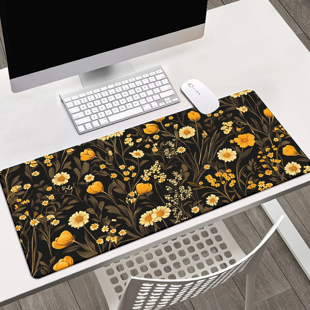 

Желтый коврик для мыши с цветочным узором, черный, большой, нескользящий, резиновый, для игр, для офиса, для клавиатуры
