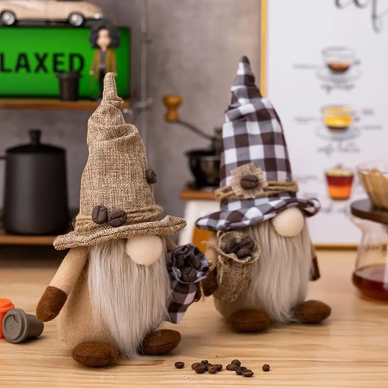 Cute Coffee Gnome Plush Dolls with Coffee Beans Decor Rustic Farmhouse Kitchen Coffee Bar Tabletop Decoration Gift Personality
