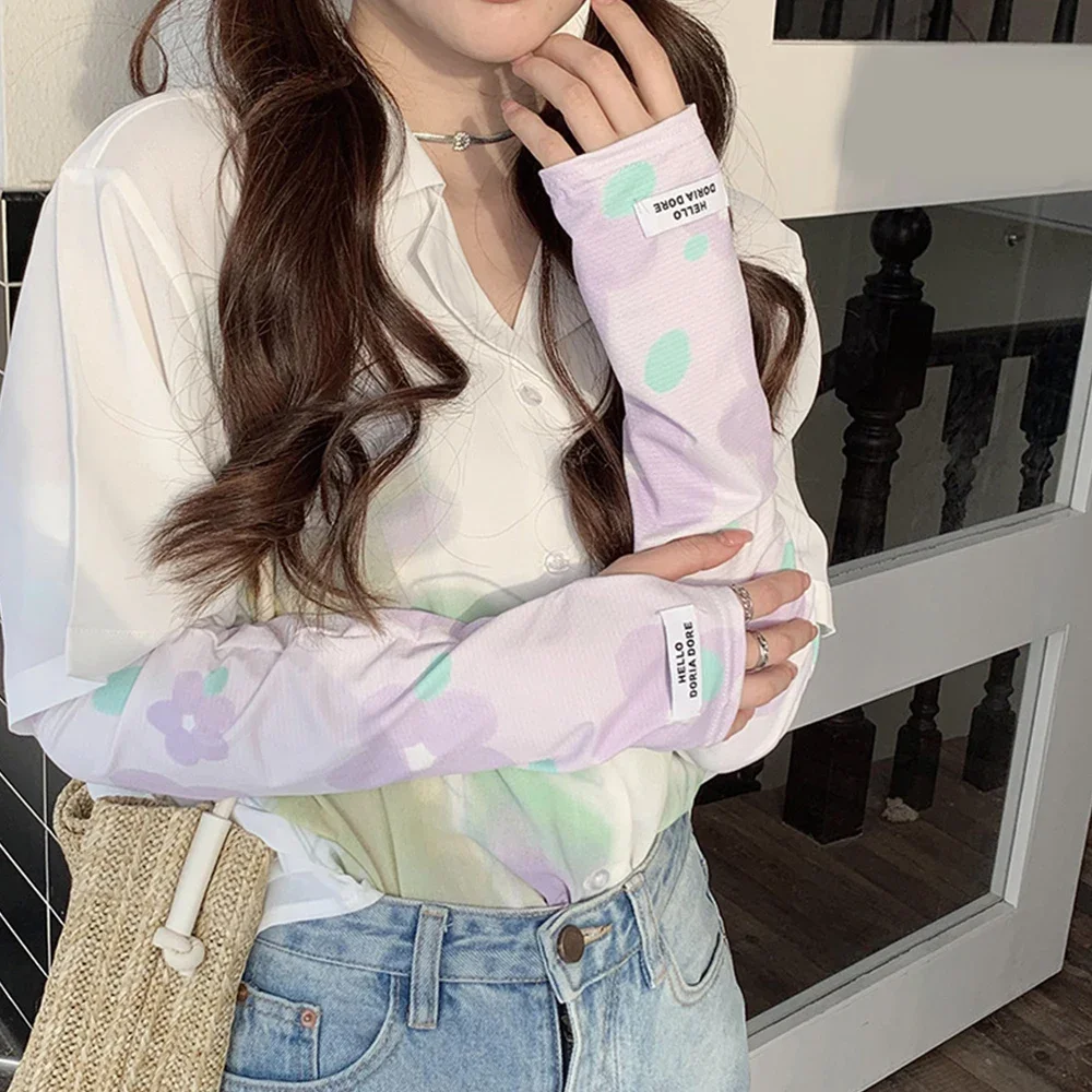 Sarung Tangan Pelindung Sinar Matahari Bahan Sutra Es Motif Bunga, Pelindung UV Setengah Jari, Sarung Tangan Dingin, Penghangat Lengan, Pelindung Sinar Matahari