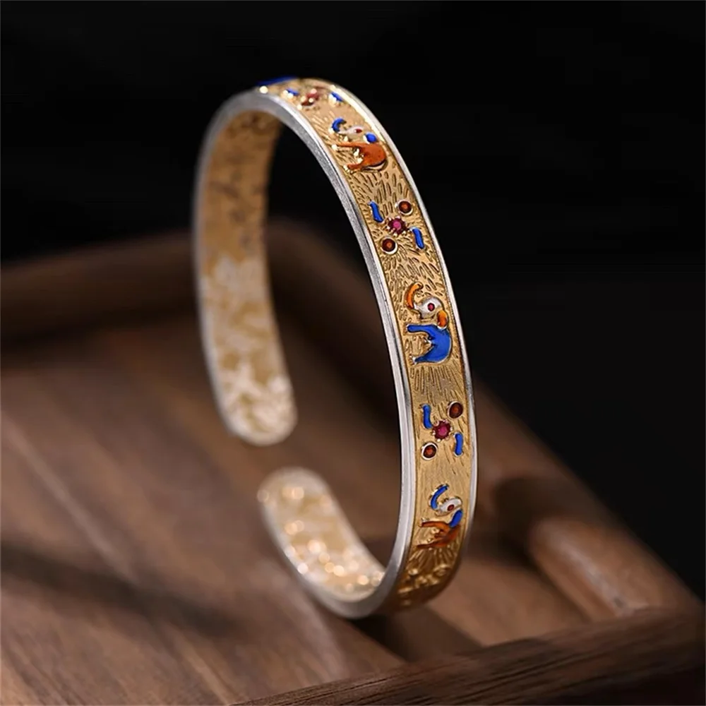 S999 Sterling Silver Vintage Open Cuff Bangle for Men Women Color Enamel Elephant Relief Bracelet Ethnic Auspicious Jewelry Gift