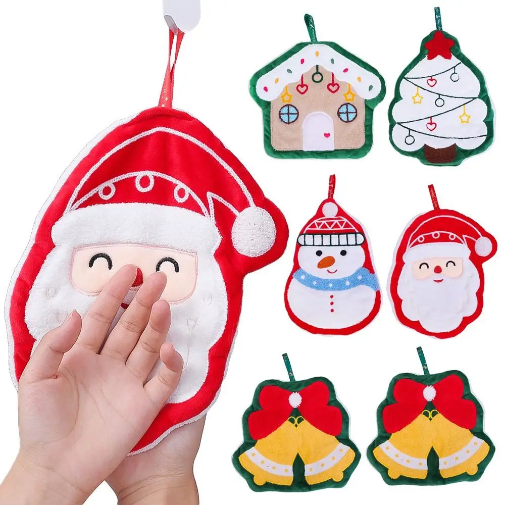 Cute Merry Christmas Hand Towel Thickened Super Absorbent Rag Coral Velvet Santa Claus Hanging Wipes