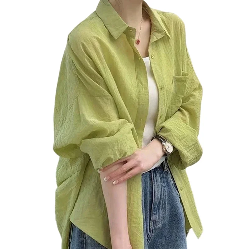 Prosta w stylu Basic Casual luźna koszula damska biała zielona koszulka z koreański, z długimi rękawem damska szykly letnia nowa jednolita koszulka damska