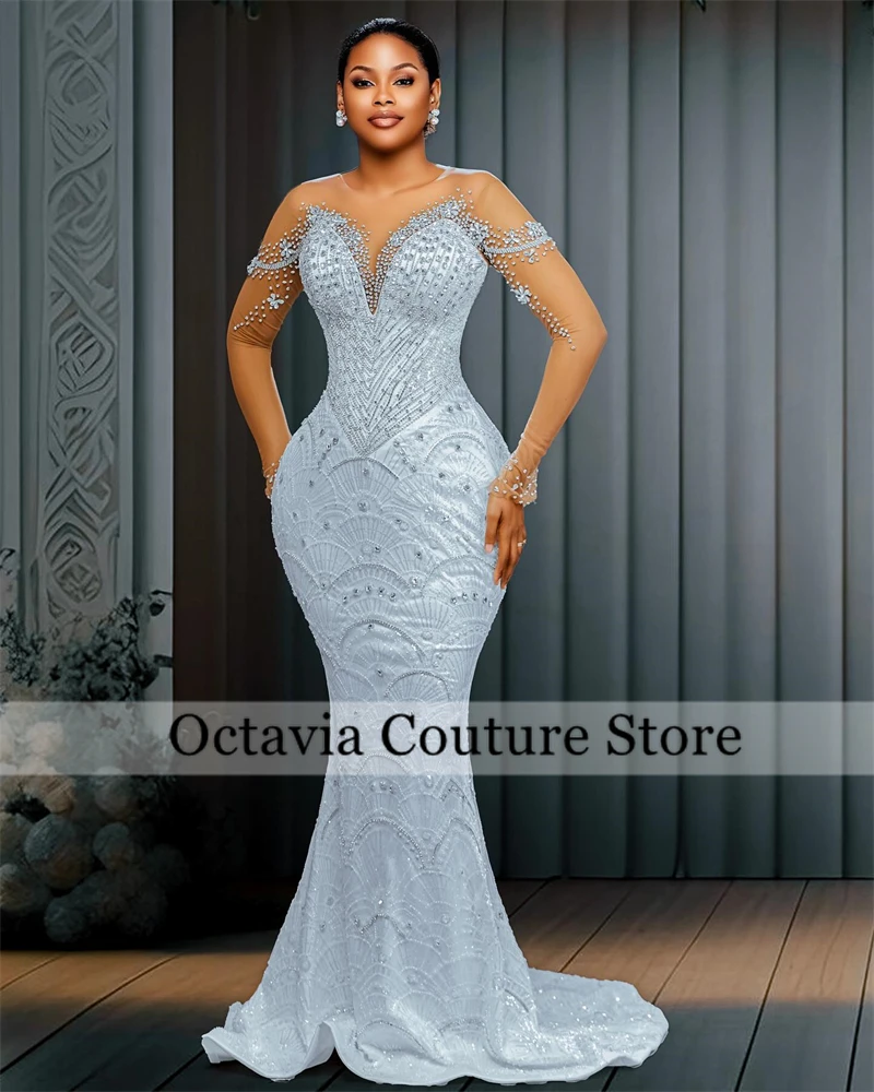 Ivory O N Wedding Dresses 2024 Bead Crystal Rhinestone Bridal Gown Formal Gown With Full Sleeve And Detachable Tail Customized