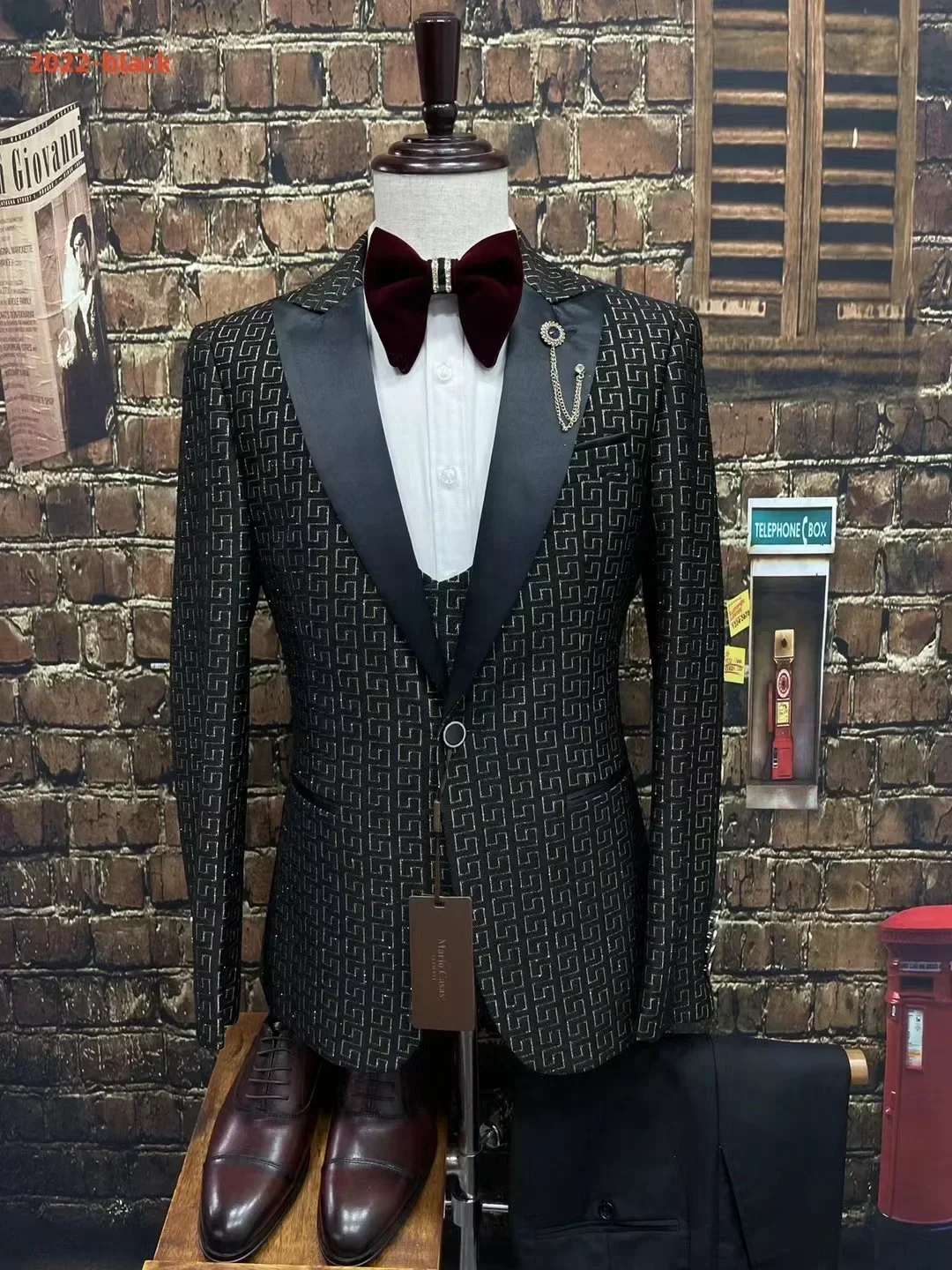2024 Black and White Men\'s Suit 3-piece Gold Palace Print Road Wedding Costume Men Clothing Wedding Suits for Men Men Clothing