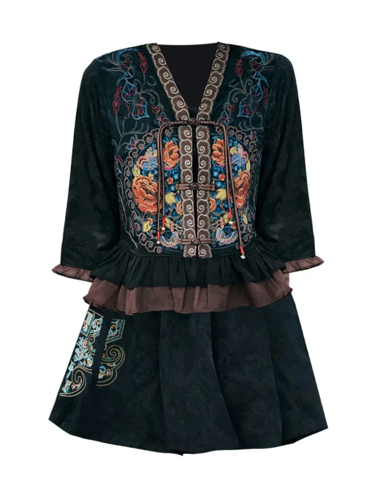 Retro Jacquard Embroidered V-neck Cardigan New Ancient Chinese Clothing Women's Three-Piece Suit