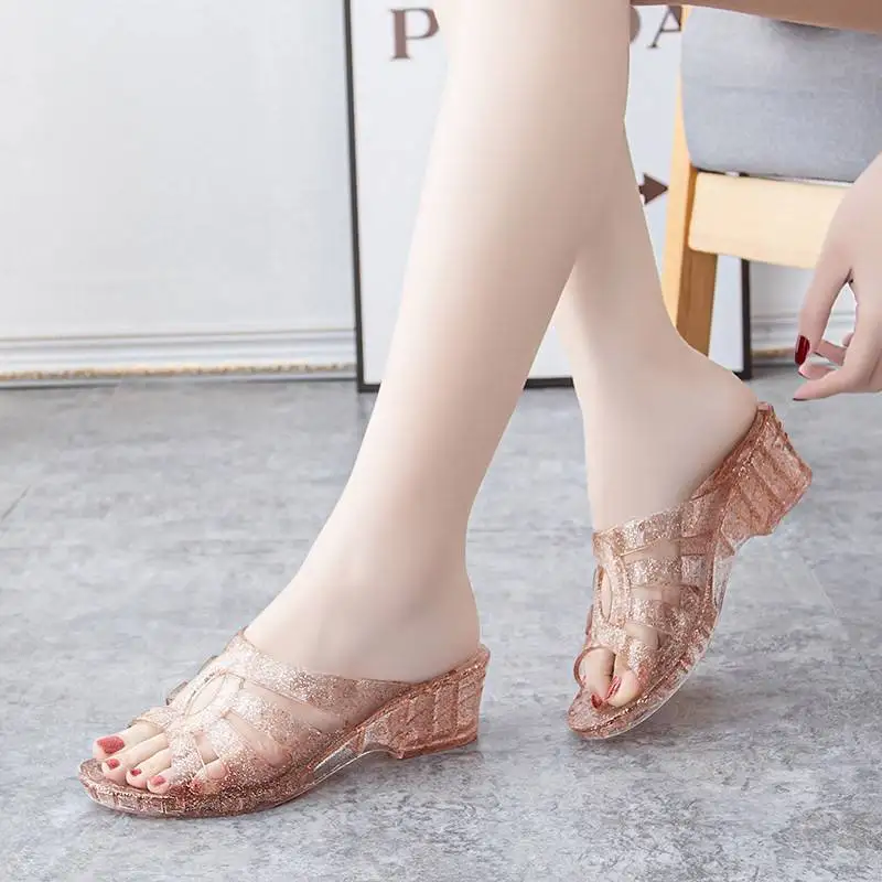 Crystal Plastic Sandals Women's Slope Heel Summer Outdoor Wear Thick Bottom Net Red Bathroom Anti-slip Anti-odor Beach Sandals