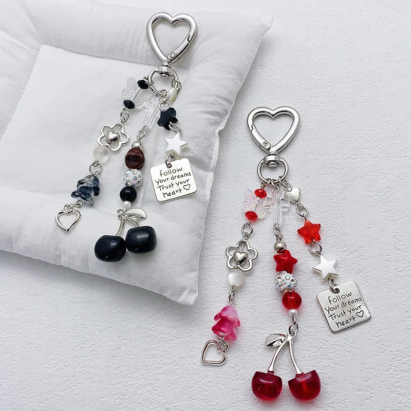 Y2K Sweet Cool Personality Cherry Keychain Creative Beaded Keyring Bag Pendant Earphone Mobile Phone Chain For Fifts