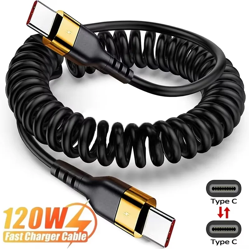 PD 120W Type C to USB C Spring Data Cable Fast Charging Coiled Cable For iPhone Xiaomi iPad Laptop Flexible USB C Charger Wire