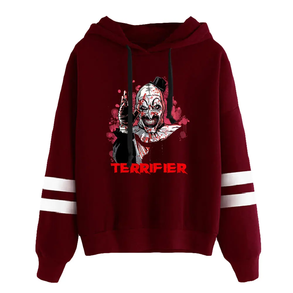 Sudadera con capucha de películas de terror para hombre y mujer, suéter Unisex con mangas de barras paralelas, sin bolsillo, payaso Joker, Terrifier 2