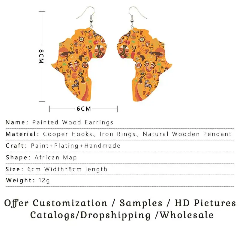 SOMEHOUR Africa Map Print Wooden Drop Earrings For Women Gifts Tradition Ethnic Headwrap Arts  Power Fist Pendant Dangle Jewelry