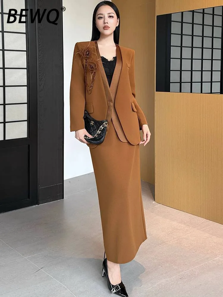 BEWQ Fashion Women's 2 Pcs Set V-neck Long Sleeve Patchwork 3D Flower Loose Blazer High Waist Skirt Suit Party 2025 Autumn New