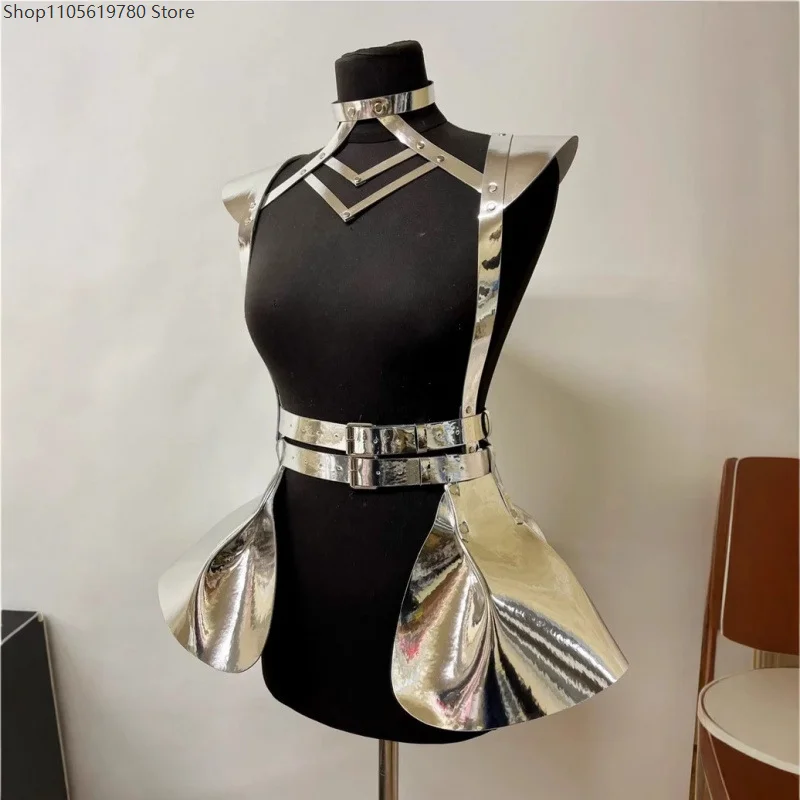 Shiny Metallic Faux Leather Harness Set Shoulder Armor Choker Double‑Layer Waist Belt Adjustable Buckle Stage Costume Accessory