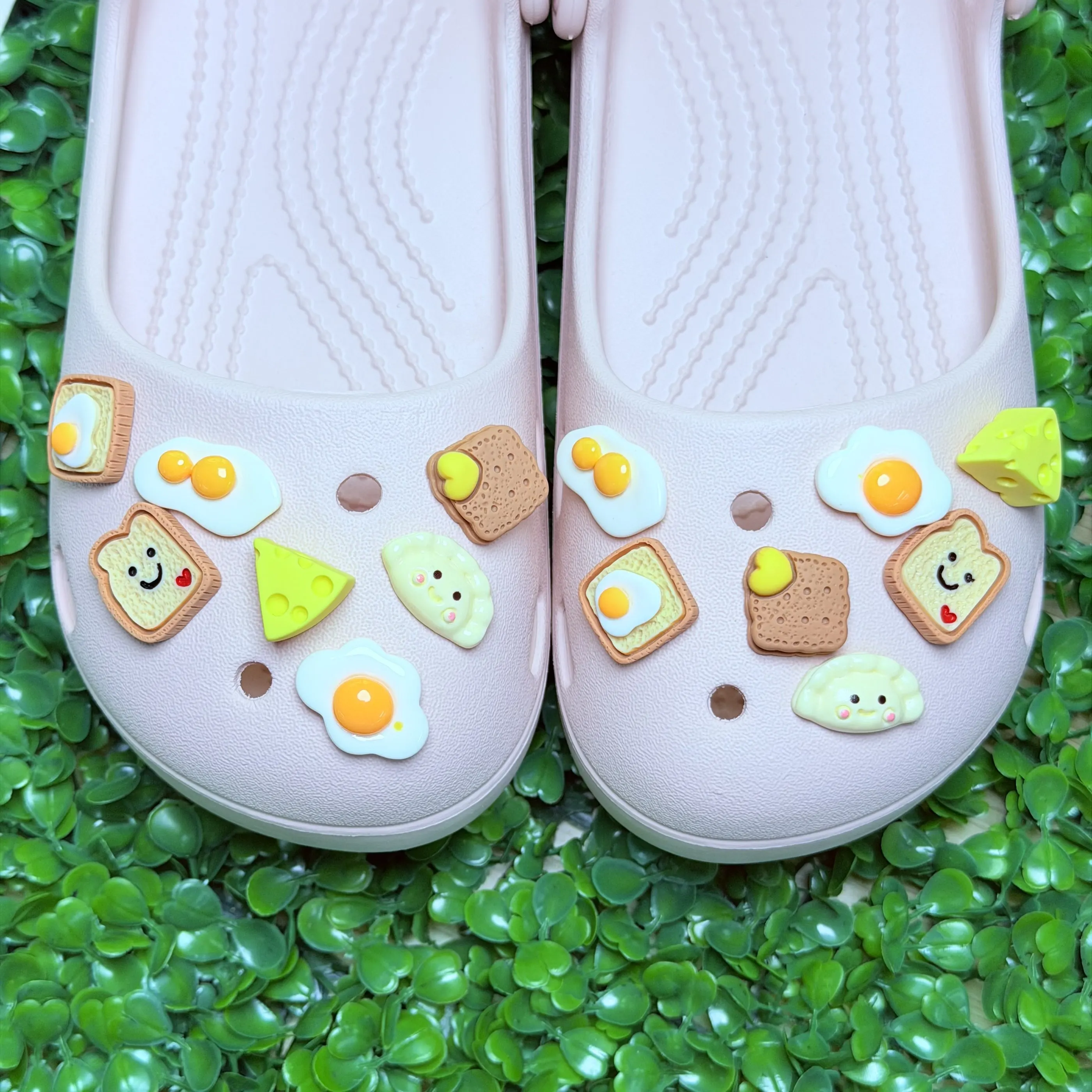 14Pcs/set Fried Egg Cheese Cookie Resin Shoe Charms Mix Food Sandal Button Decorations DIY Adult Lovely Handbag