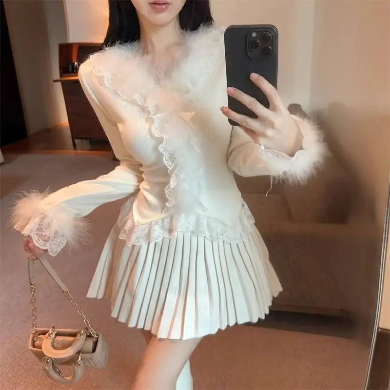 

Autumn Fashion Sweet Lace V-neck Sweaters American Style Black Women's Cardigan Slim Fit Simple Knitted Top Sueters De Mujer