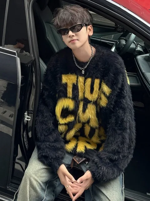

Men's Loose Fit round Ne Knitwear Faux Fur Contrast Color Letter American Retro Sle Casual Autumn Winter Outerwear