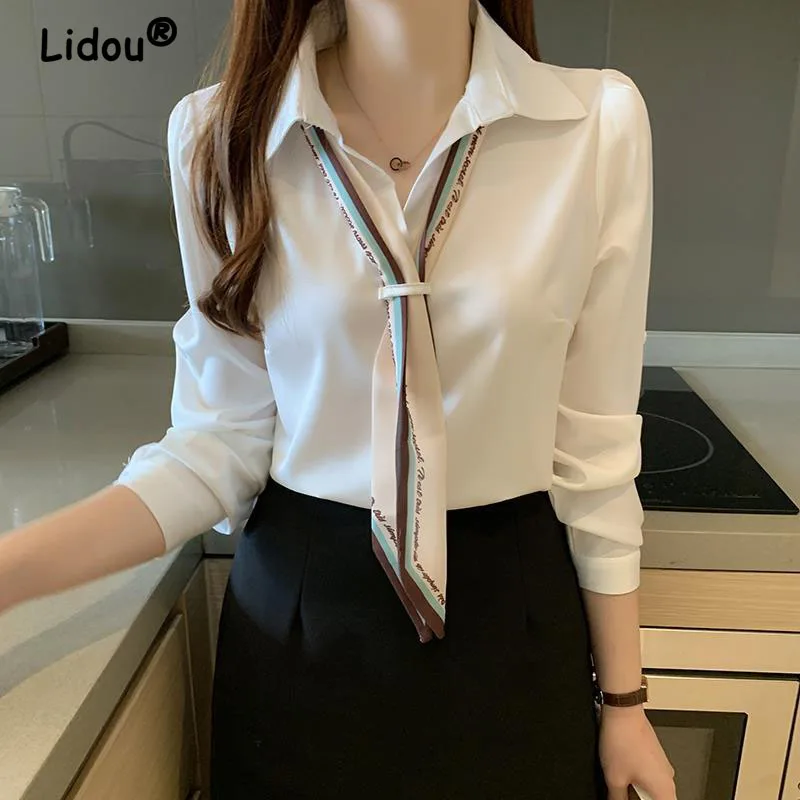 

Tie Office Lady Female White Chiffon Blouse Temperament Fashion Profession Shirt Urban Lapel Long Sleeves Women Blouses Top 2022