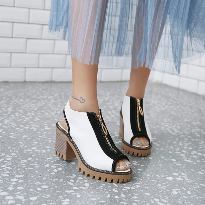 New Fashion Peep Toe Women Sandals Thick Heels Color Blocking Front Zipper Design Summer Woman Shoes zapatos de mujer WSH5654