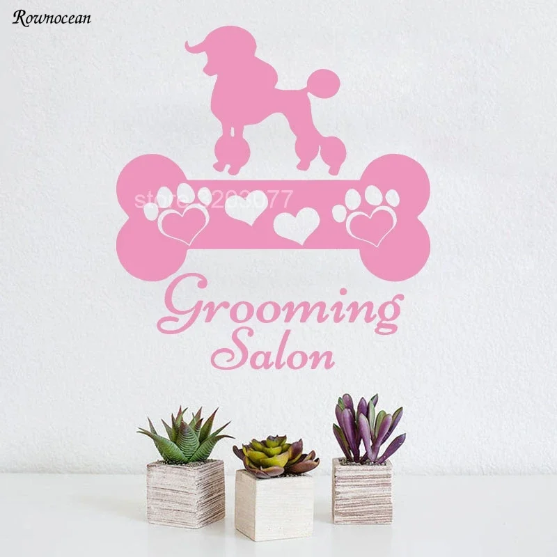 ROWNOCEAN Pet Shop Grooming Salon Decal Cute Paw Heart Print Bone Vinyl Sticker For Pet Shop Poodle Art Mural Decor Z193