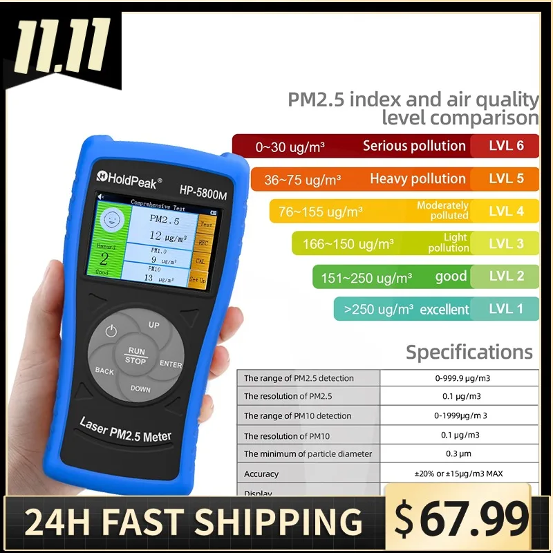 

HP-5800M Air Quality Pollution Monitor, Indoor Air Quality Pollution Monitor Detects PM2.5/PM10/PM1.0 Micron Dust,Rechargeable