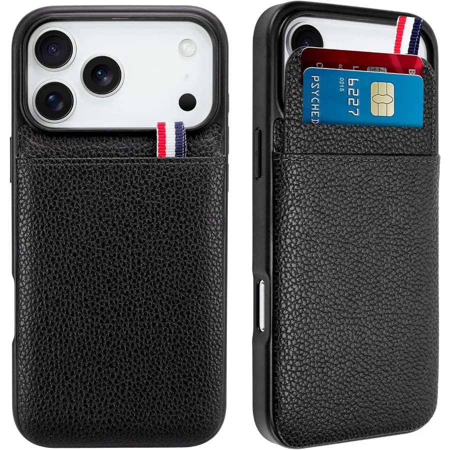 Черный кожаный чехол-кошелек для телефона с держателем для карт для iPhone 17 Pro 2025, совместимый защитный чехол для мужчин и женщин — прочный Sli