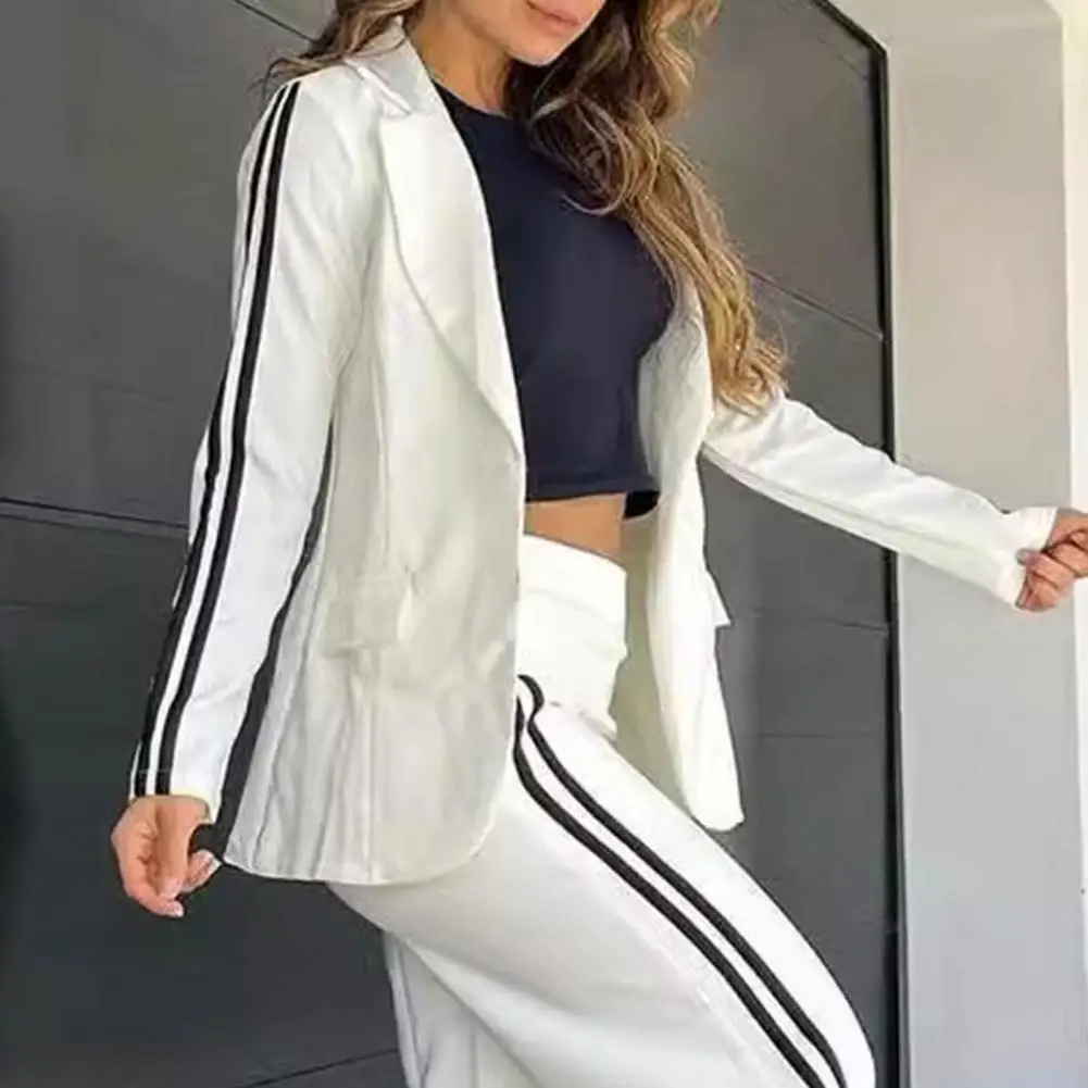 2 Pcs/Set Women\'s Blazer Formal Coat Pants Set Autumn Winter Long Sleeves Jacket Loose Striped Wide Leg Casual Suit Outfit