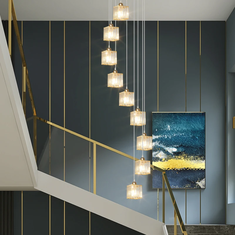 Candelabro largo de escalera para Loft, luz dúplex, lámpara de cristal de lujo, lámpara giratoria nórdica Simple y moderna para Villa, pabellón y restaurante
