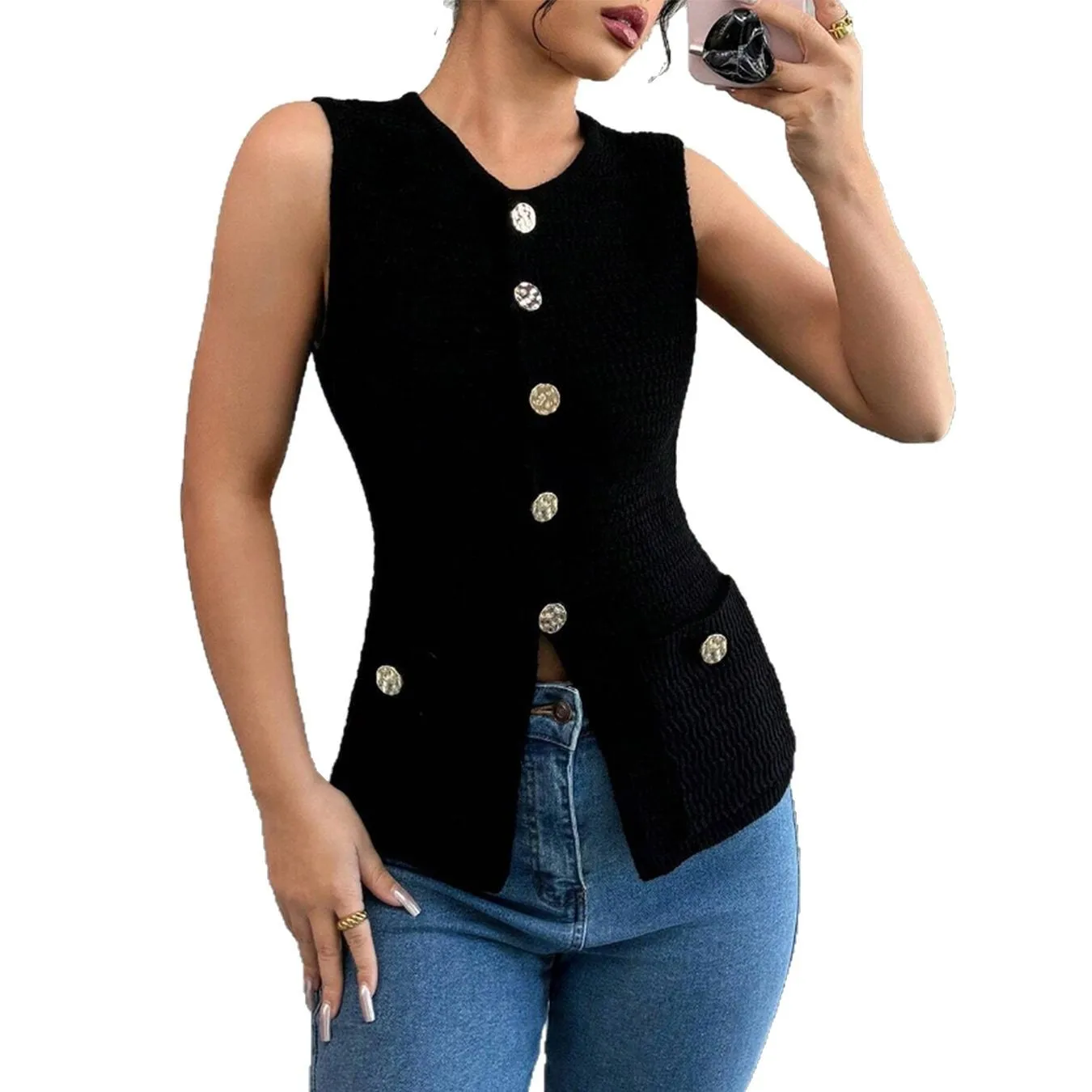 European and American cross-border small fragrant wind round neck vest women's 2025 button fashion high-end vest cardigan jacket
