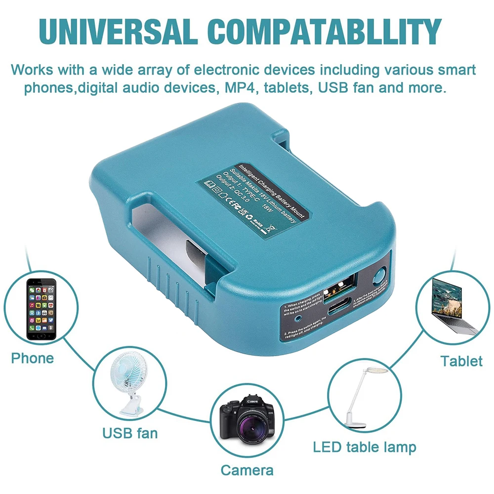 Adapter with dual output interface for Makita 18V 14V battery BL1860 batteries onvert to power bank fast charging Portable rack