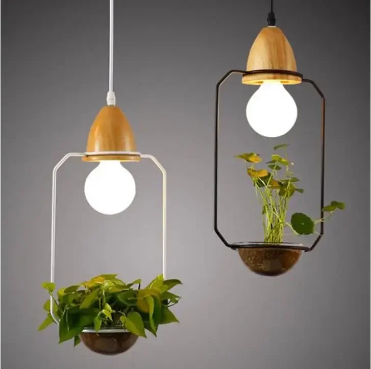 American Plant Pot Pendant Lamp Restaurant Dinning Room Pendant Light Black White Color Wood Pendant Lighting with glass