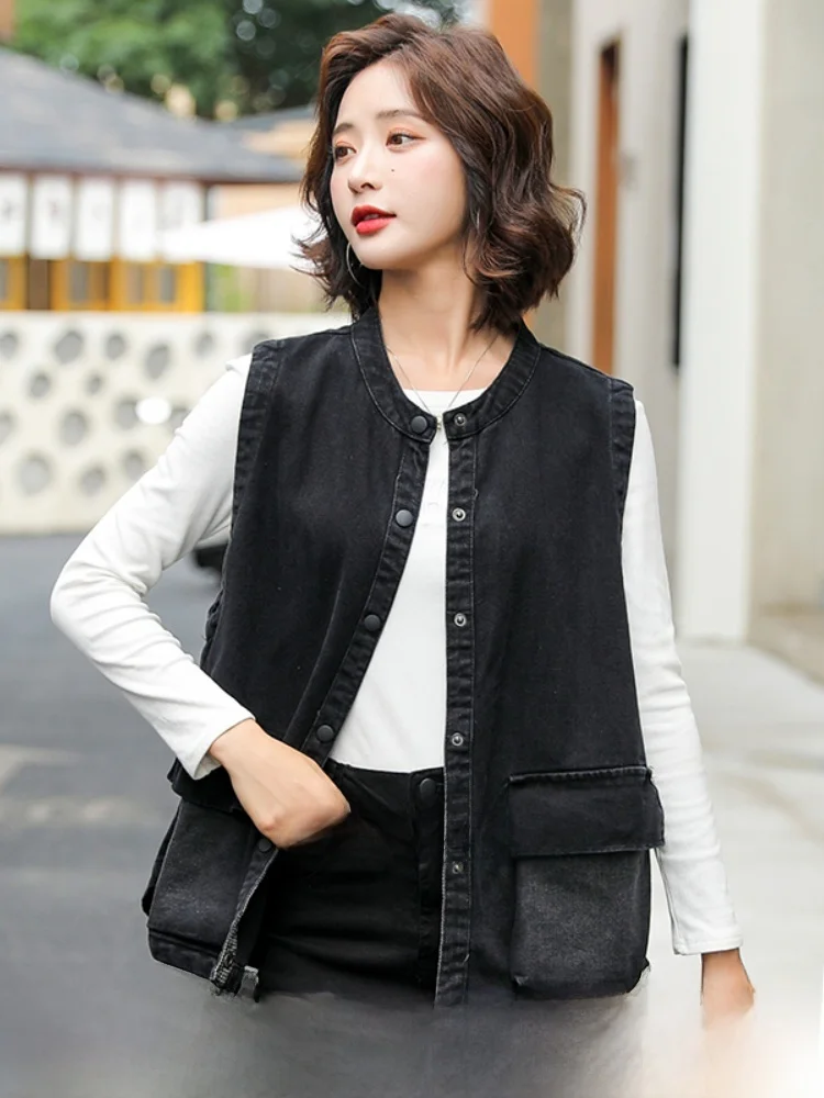 

Loose Casual Svel Vest Women's Spring Autumn Anti-Aging Faion Top Casual Denim Jaet Button Design Collar