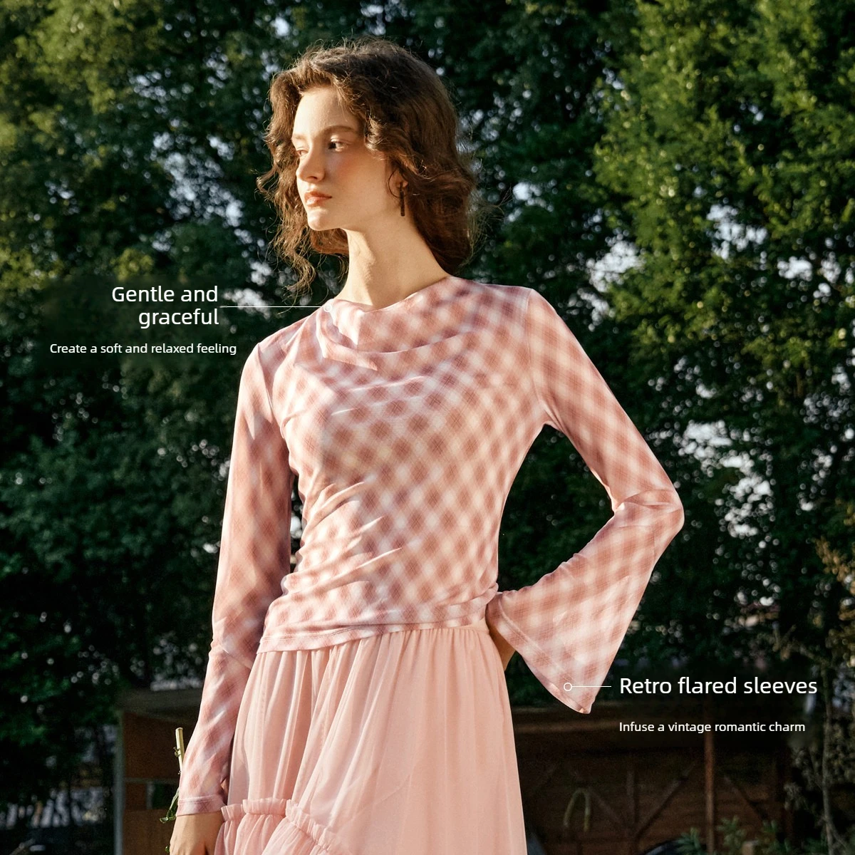 OLrain Women 2026 Spring T Shirt Pink Vintage Gentle Rhombus Plaid Flared Long Sleeve All Match Daily Commute Tops O58CT003500