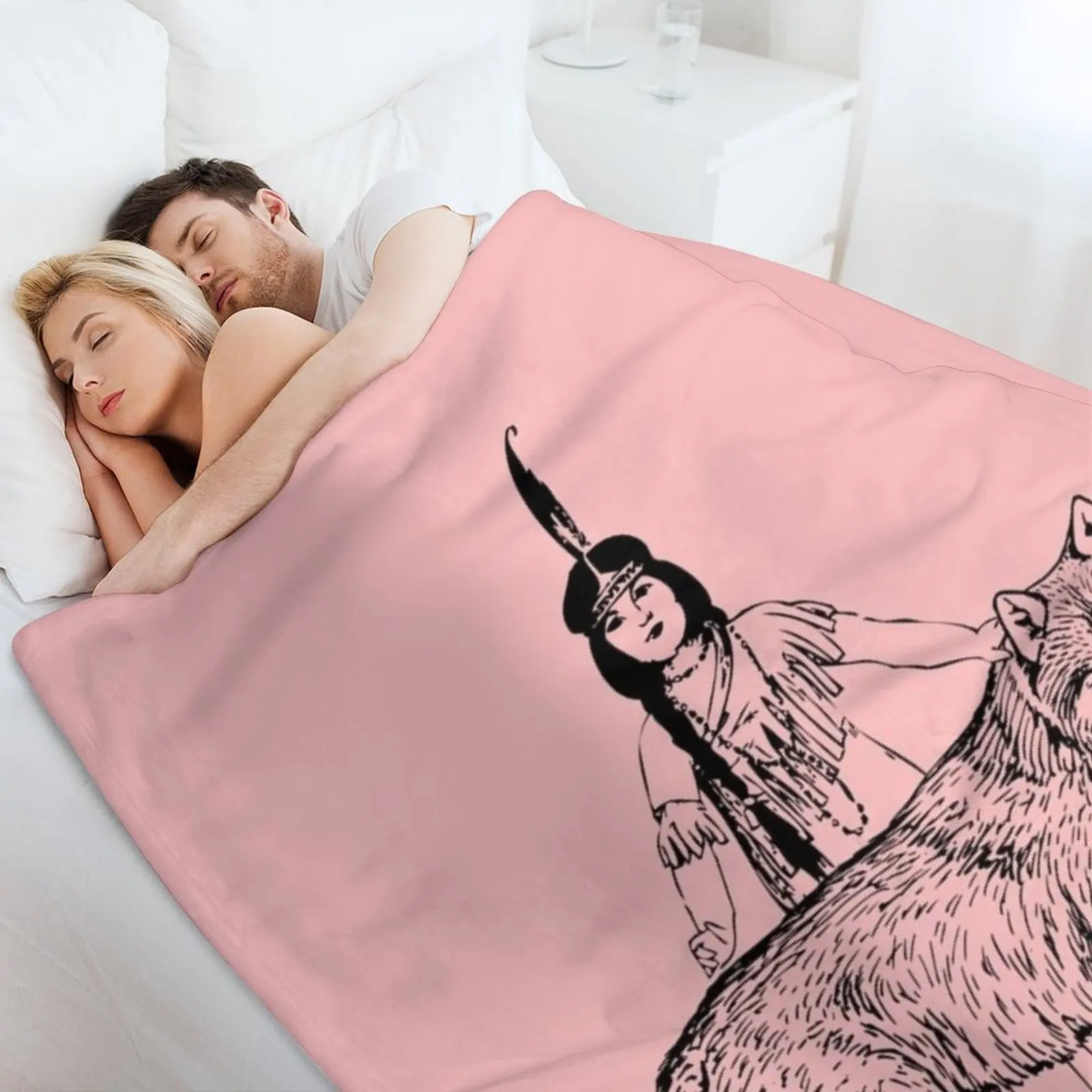 فتاة أمريكية أصلية مع ذئبها رمي بطانية لطيف منقوشة بياضات سرير أسرة شتوية بطانيات أريكة عملاقة