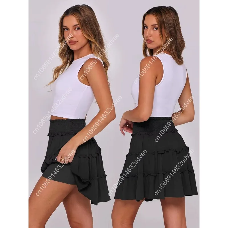 Caracilia Damen Sommer fließende Miniröcke, hohe Taille, Rüschen, gestuft, lässig, niedlich, Boho-Strand, kurze Röcke, integrierte Shorts