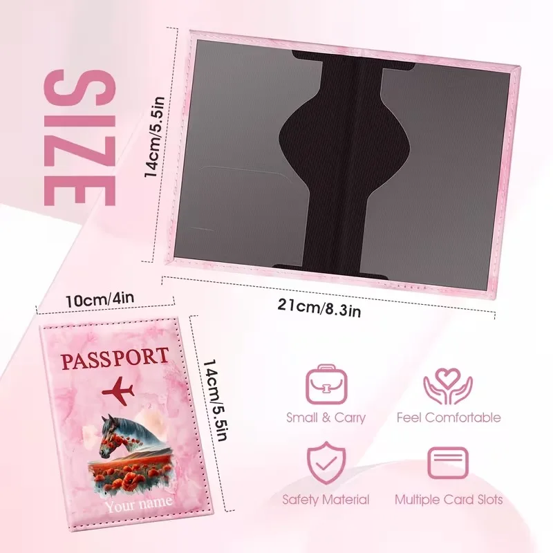 Custom Name Horse and Safflower Art Illustration Passport Holder, Featuring a Dark Stallion Standing Among Red Safflower Fields