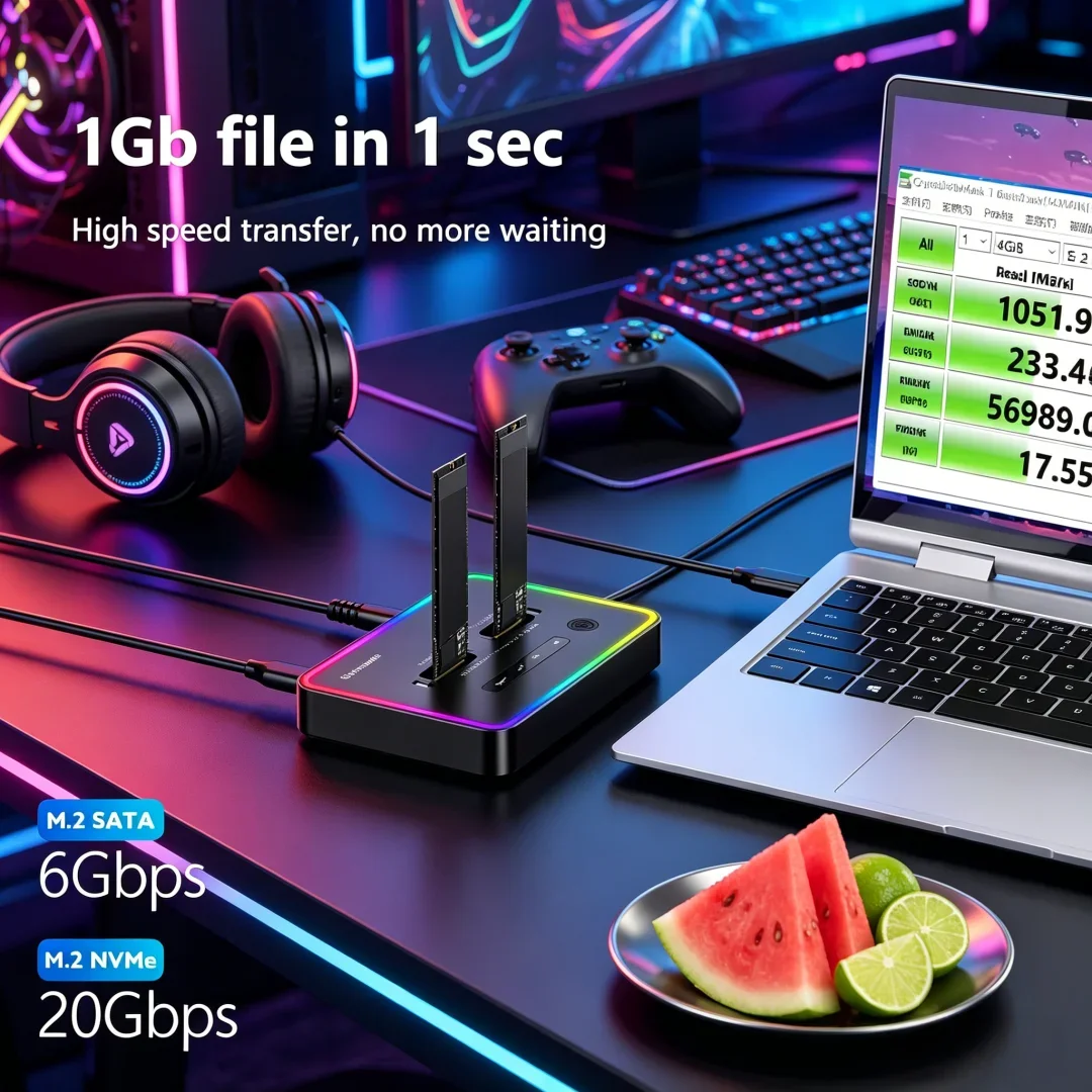 

Opulent Offline Clone Dual Protocol M.2 Ssd Case Ssd Docking Station Type C 10Gbps for PCIe NVME or Sata 2 Bay SSD Enclosure