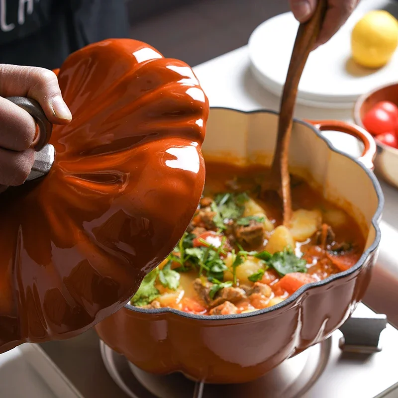 Pumpkin Enamel Cast Iron Pot, Orange Saucepan, Induction Cooker, Universal Stew Pot, Novelty Kitchen Cookware, 24cm