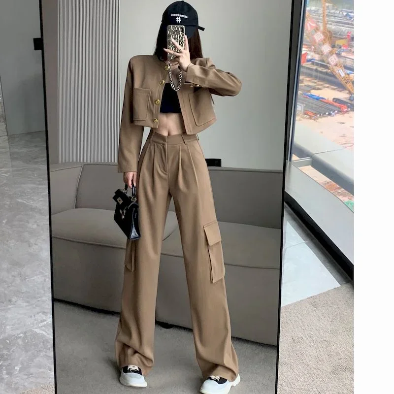 

Insozkdg Spring Women Trendy Outwear Solid Lapel Long Sleevecolor Retro Street Spring Casual Sports Fit + Trousers Two-piece Set