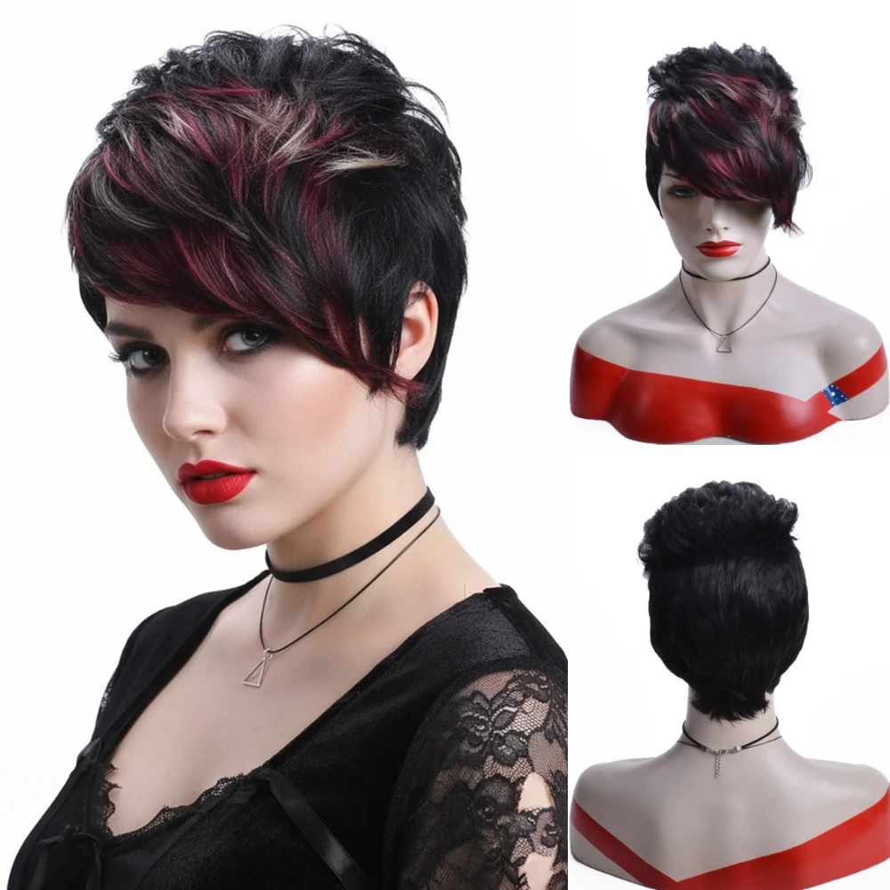 

MSIWIGS короткие прямые синтетические парики с боковой челкой, черный смешанный красный парик для женщин, повседневная одежда, косплей