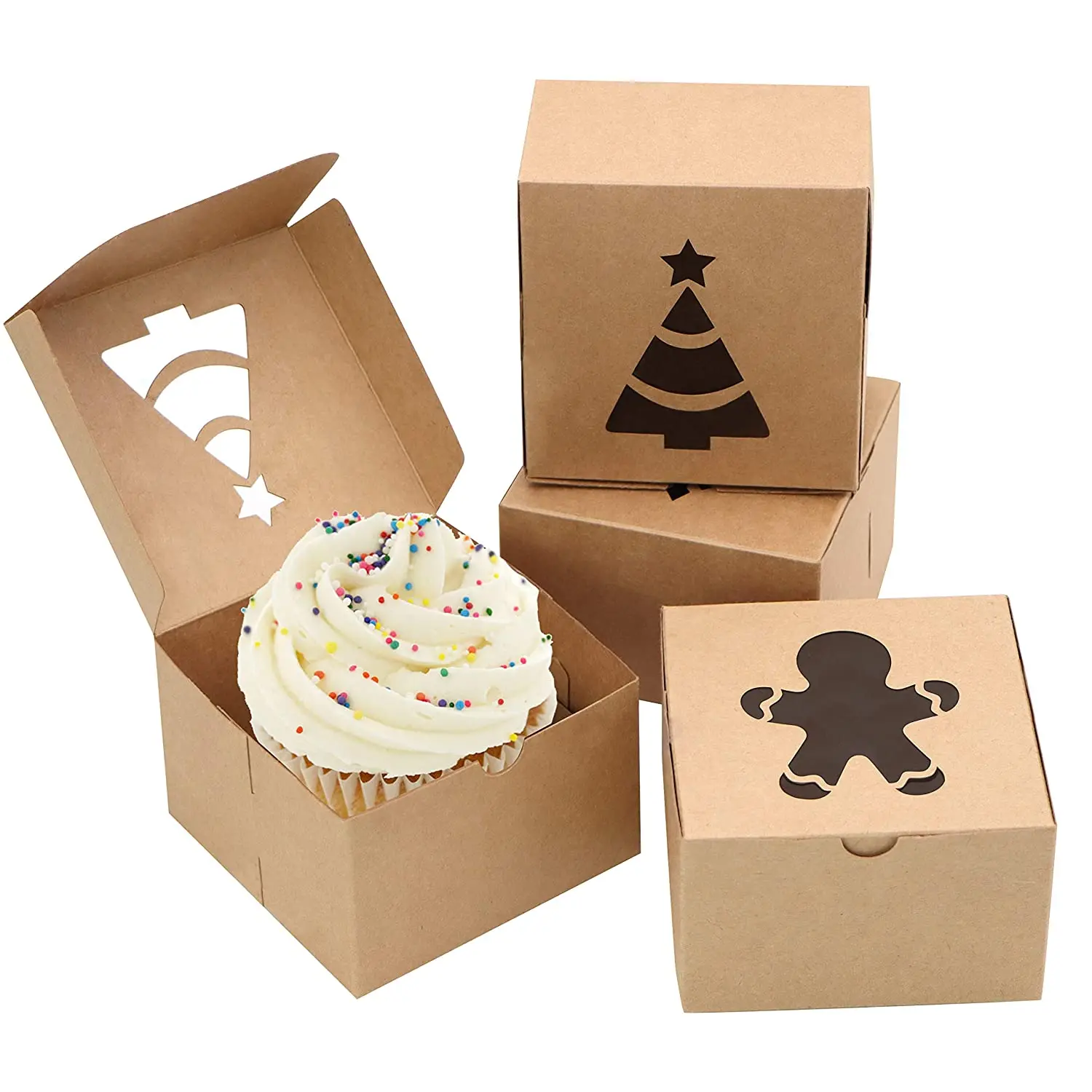 30 Kraft Cardboard Bakery Cookie Boxes Set 4x4x2.5Inch Auto-Popup for Christmas Cupcakes Cookies Brownies Donuts