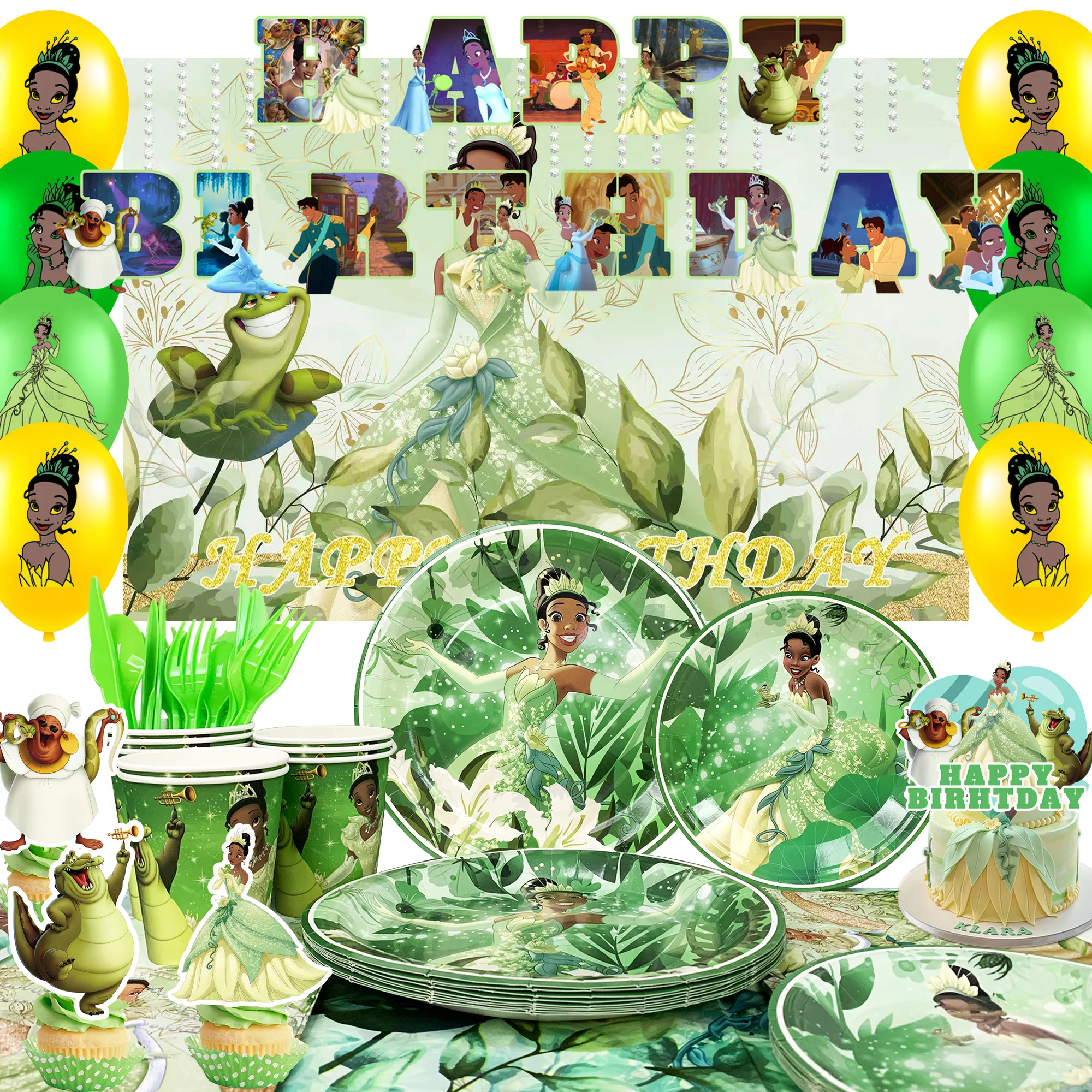 

98 Pcs The Princess and the Frog Birthday Party Supplies-Balloon Banner Tablecloth Plate etc Frog and Princess Party Decorations