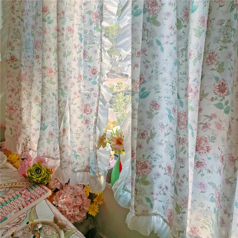 French Idyllic Floral Ruffled Curtains for Living Room Bedroom Kitchen - American Rural Style Decorative Window Treatments #A688