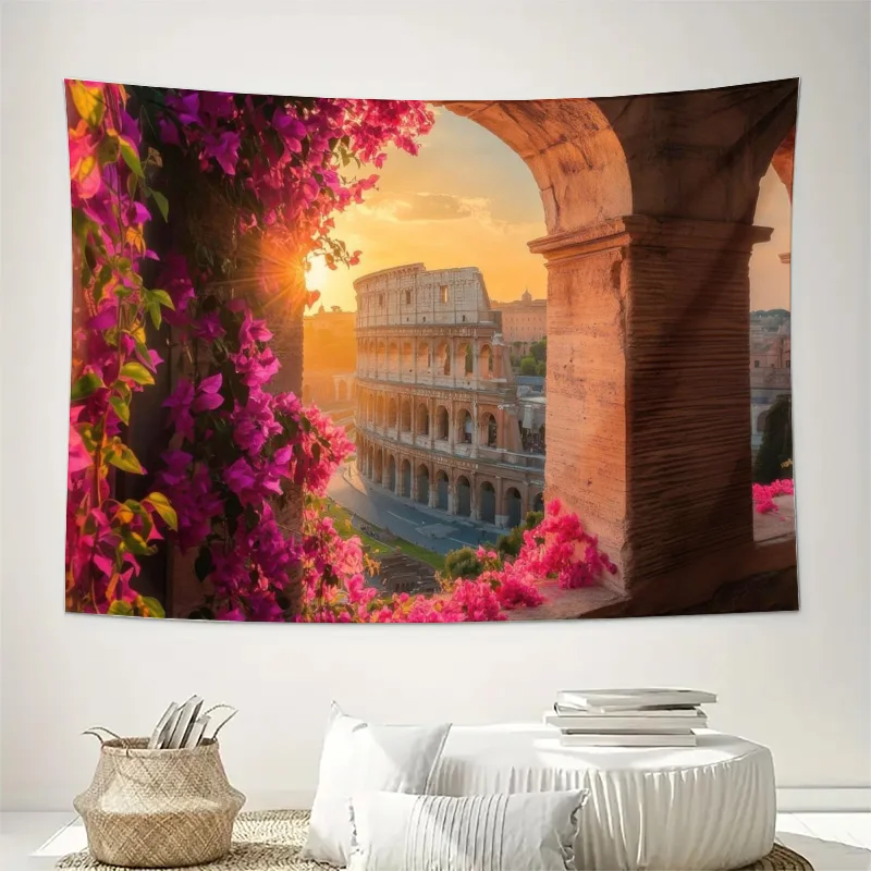 Grand Colosseum Sunset Wall Tapestry Decor Romantic Floral Landscape Art Print Vintage Rome Aesthetic Mediterranean Home Decorat