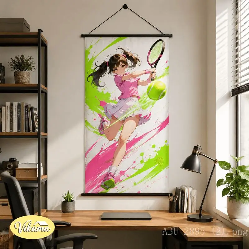 VIKAMA Anime Girl Tennis Tapestry Pink Outfit White Skirt Racket Splash Anime Art Polyester Wall Hanging Bedroom Dorm Home Decor